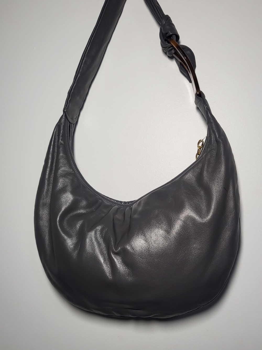 Sleek Dark Gray Hobo Shoulder Bag with Gold Charm - Picture 6 of 10